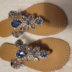Blue and Tan Sandals with Jeweled Embellishments and Floral Design